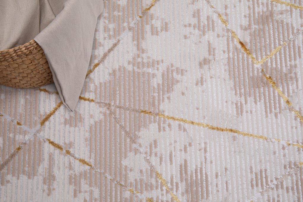 Tapis Crystal Or Beige Cadre Géométrique Effet 3D