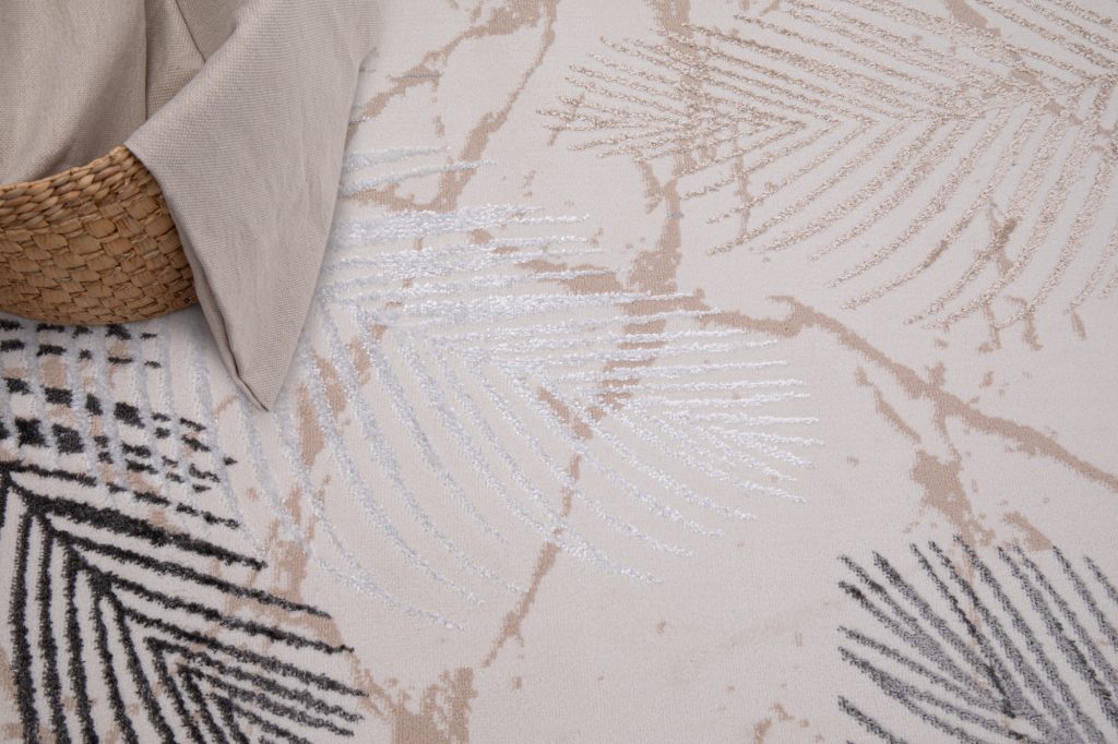 Tapis Crystal Crème Gris Marron Feuilles Effet 3D