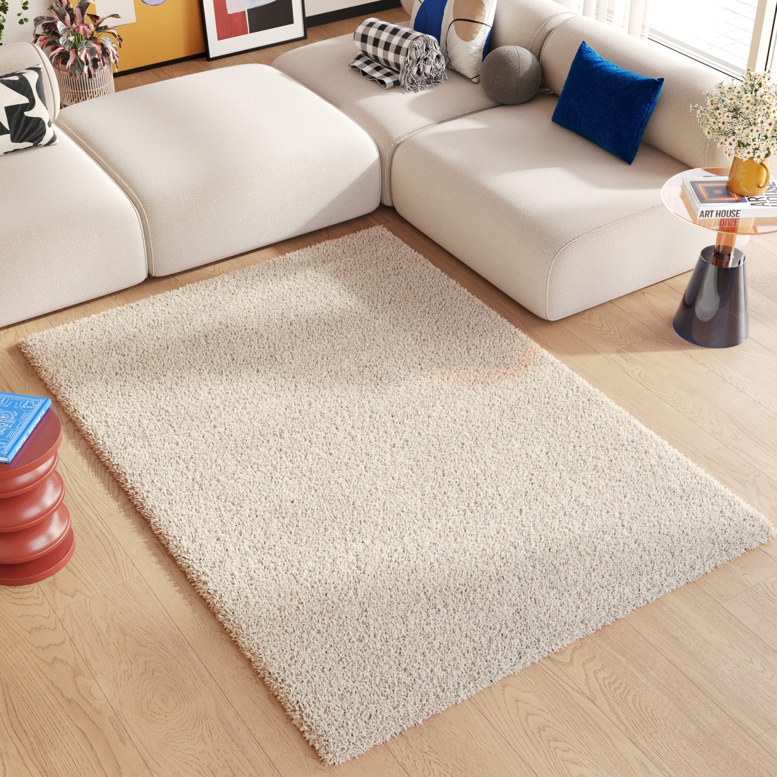 Tapis Essence Shaggy Poil Long Motif Uni Beige