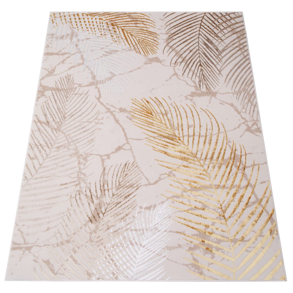 Tapis Crystal Or Marron Crème Feuilles Effet 3D