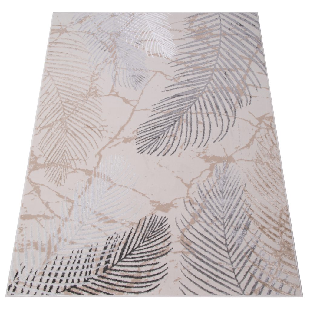 Tapis Crystal Crème Gris Marron Feuilles Effet 3D