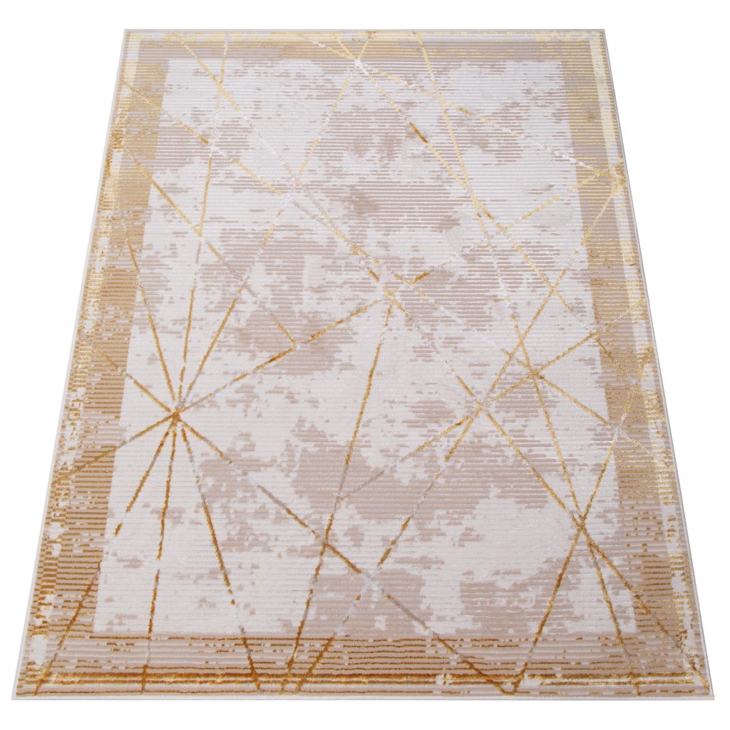 Tapis Crystal Or Beige Cadre Géométrique Effet 3D