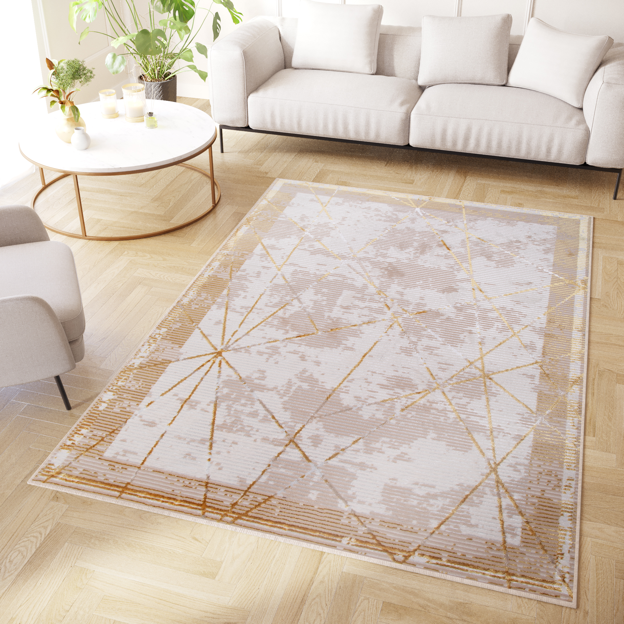 Tapis Crystal Or Beige Cadre Géométrique Effet 3D