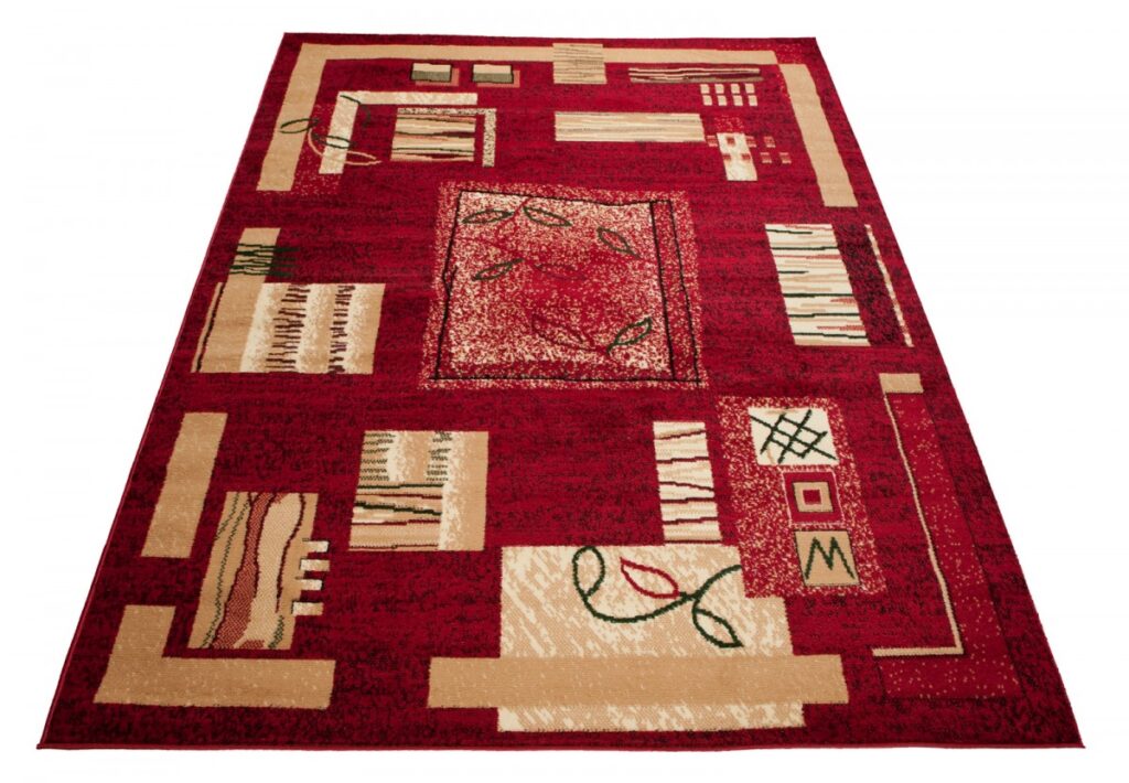 Tapis Atlas Rouge Beige Géométrique Feuilles