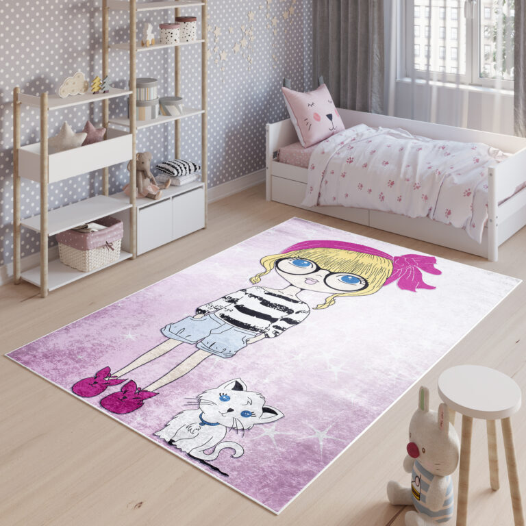 Tapis Emma Enfant Rose Fille Chat Antidérapant