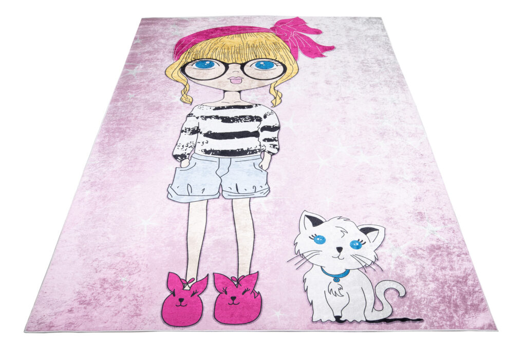 Tapis Emma Enfant Rose Fille Chat Antidérapant