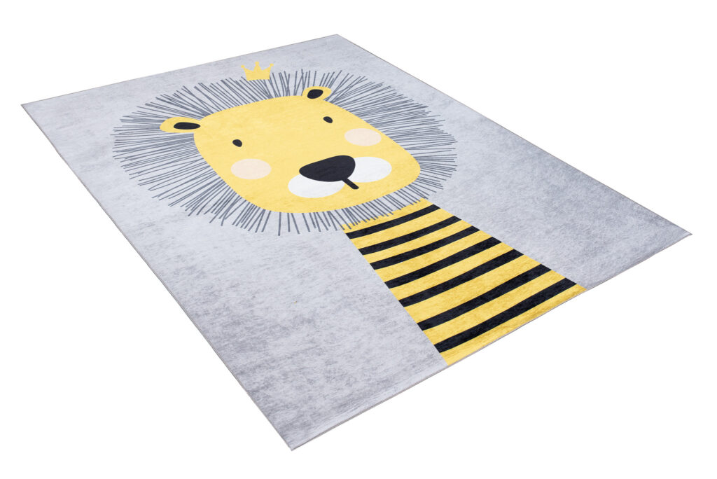 Tapis Emma Enfant Gris Jaune Lion Antidérapant