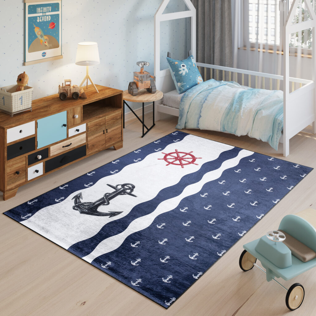 Tapis Emma Enfant Bleu Marine Blanc Ancres Antidérapant