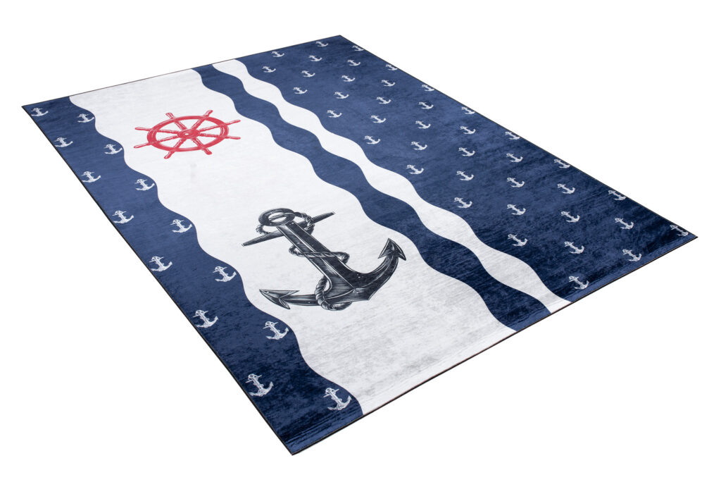 Tapis Emma Enfant Bleu Marine Blanc Ancres Antidérapant