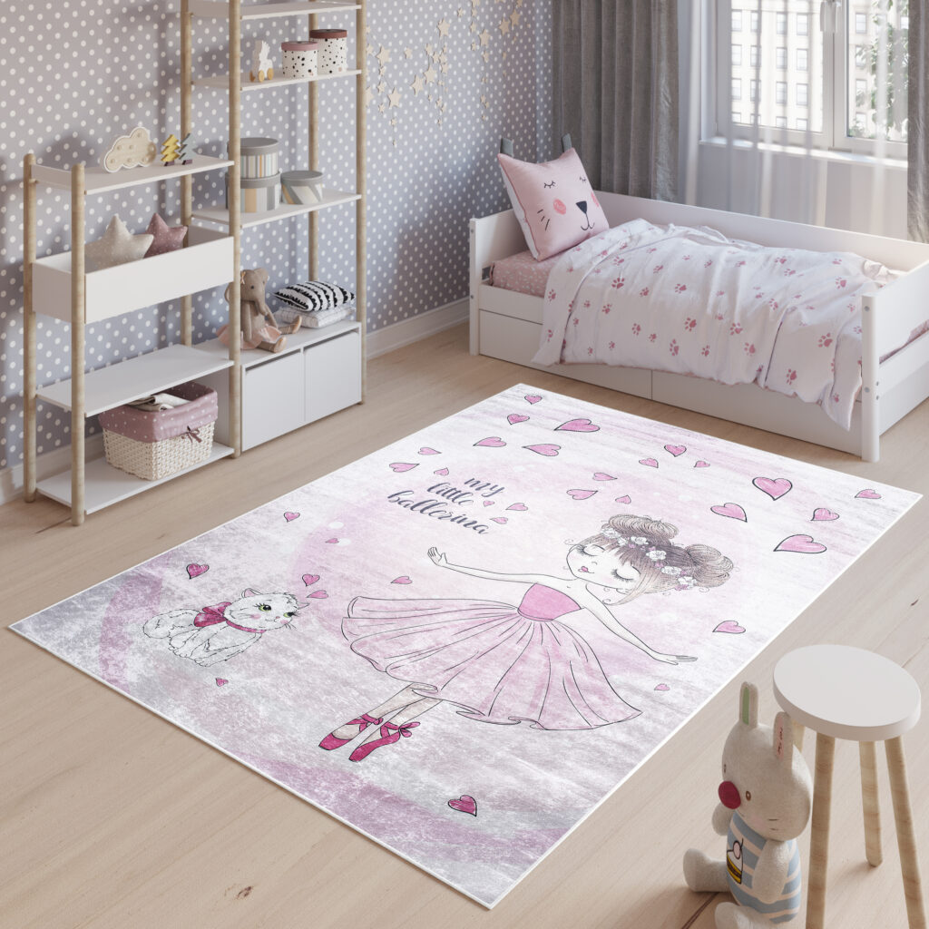 Tapis Emma Enfant Rose Ballerine Chat Antidérapant