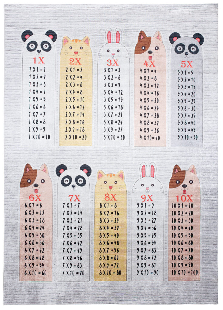 Tapis Emma Enfant Gris Animaux Table de Multiplication