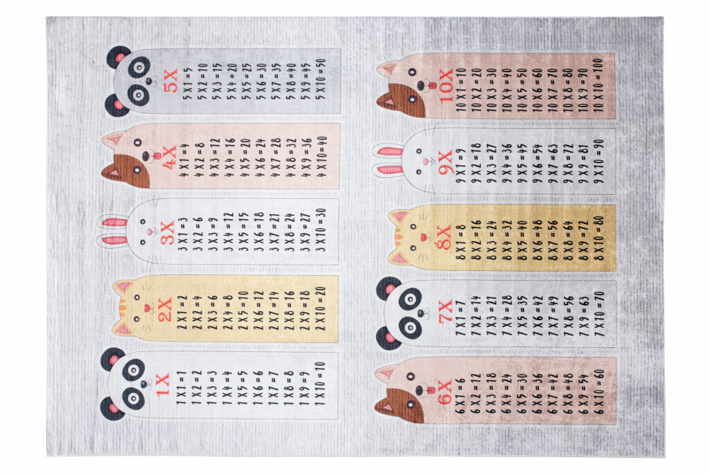 Tapis Emma Enfant Gris Animaux Table de Multiplication