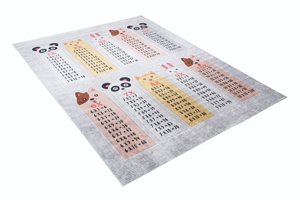 Tapis Emma Enfant Gris Animaux Table de Multiplication