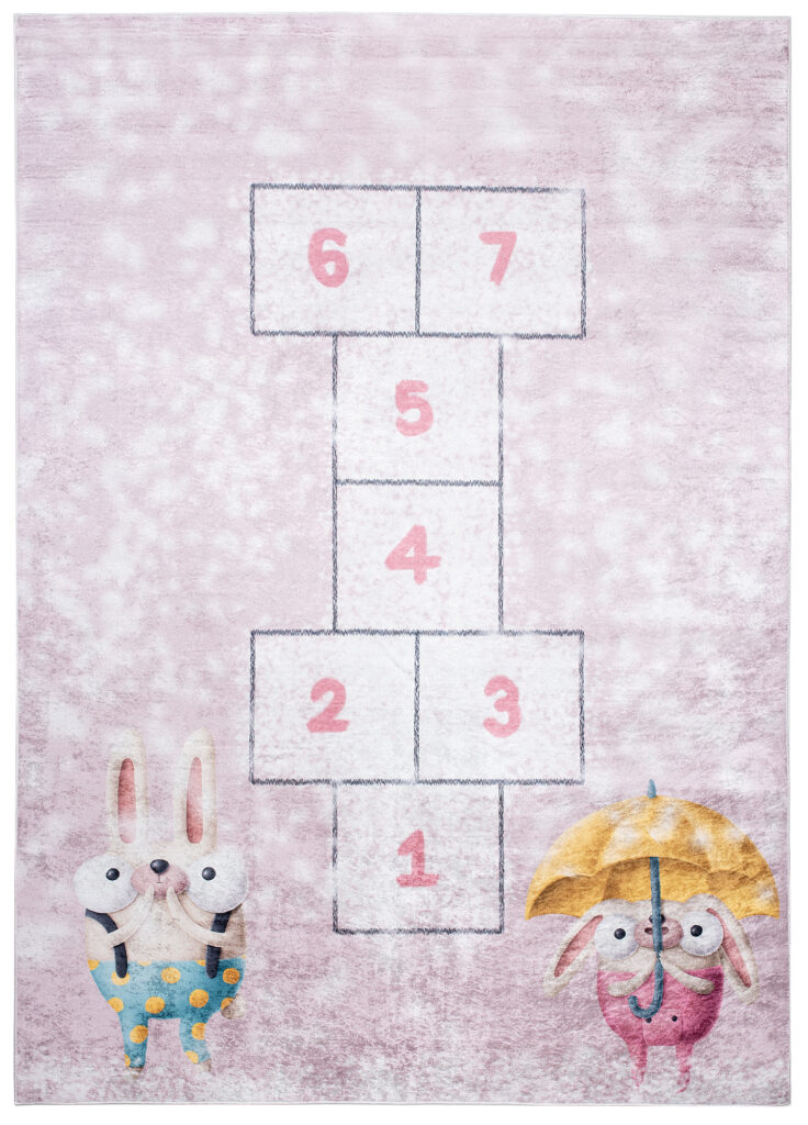 Tapis Emma Enfant Rose Lapins Marelle Antidérapant