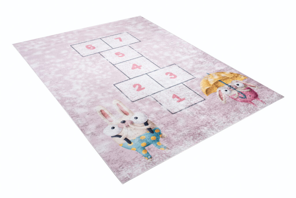 Tapis Emma Enfant Rose Lapins Marelle Antidérapant