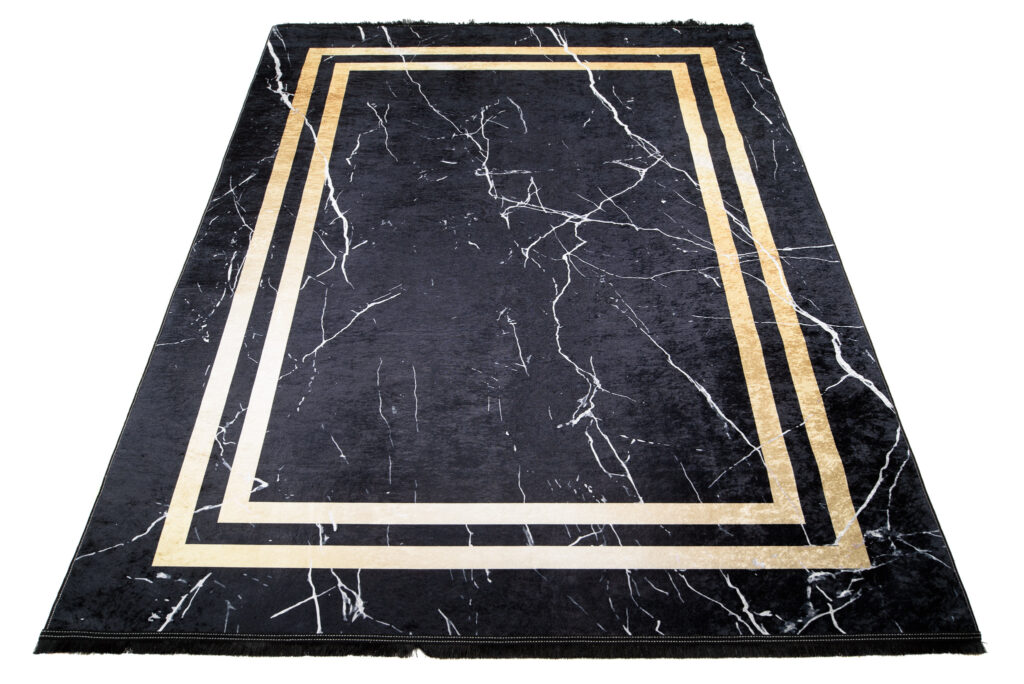 Tapis Toscana à Franges Noir Cadre Or Antidérapant