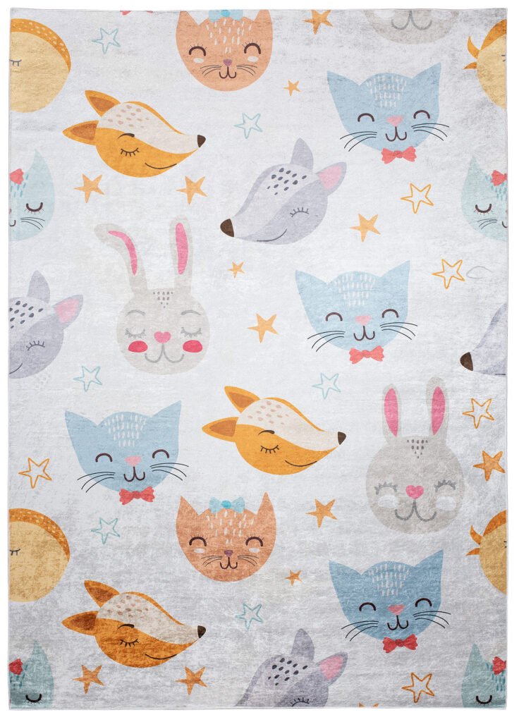 Tapis Emma Enfant Gris Animaux Colorés Antidérapant