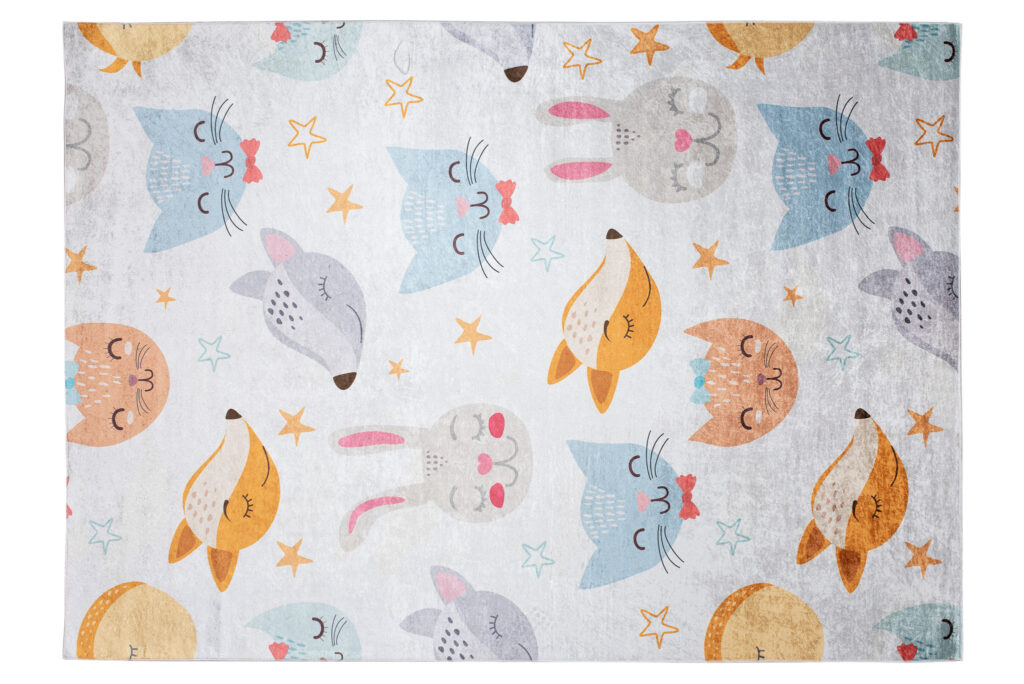 Tapis Emma Enfant Gris Animaux Colorés Antidérapant