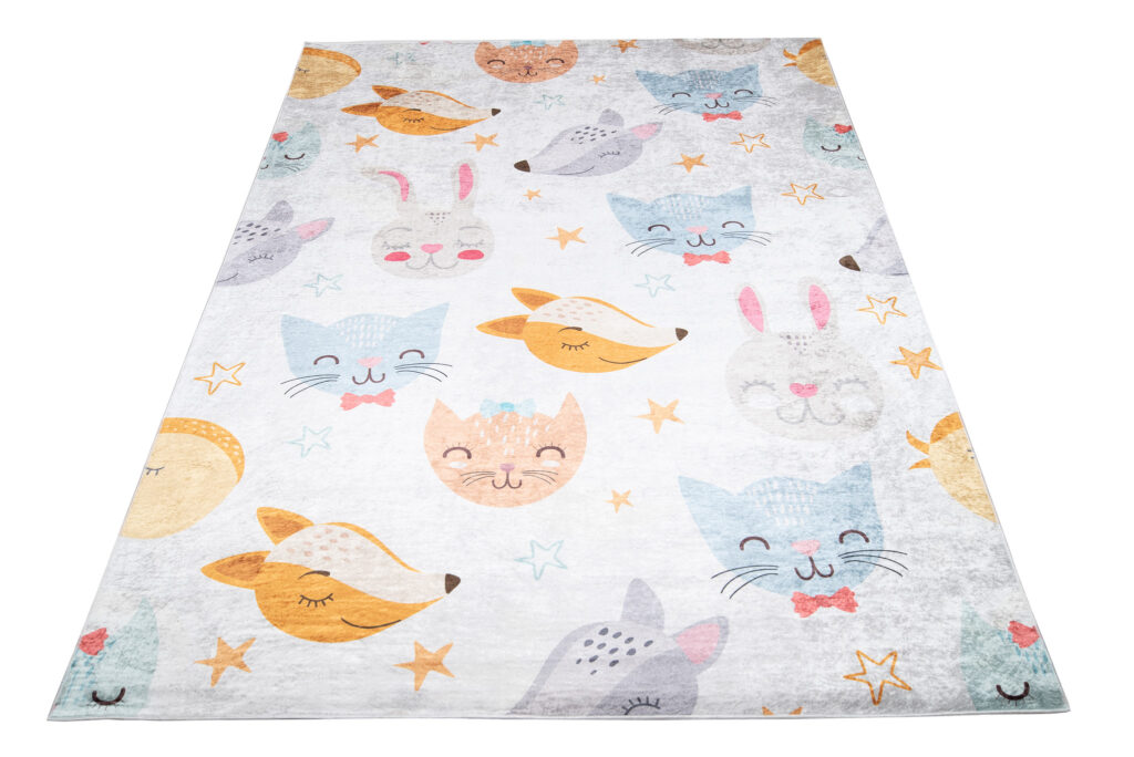 Tapis Emma Enfant Gris Animaux Colorés Antidérapant