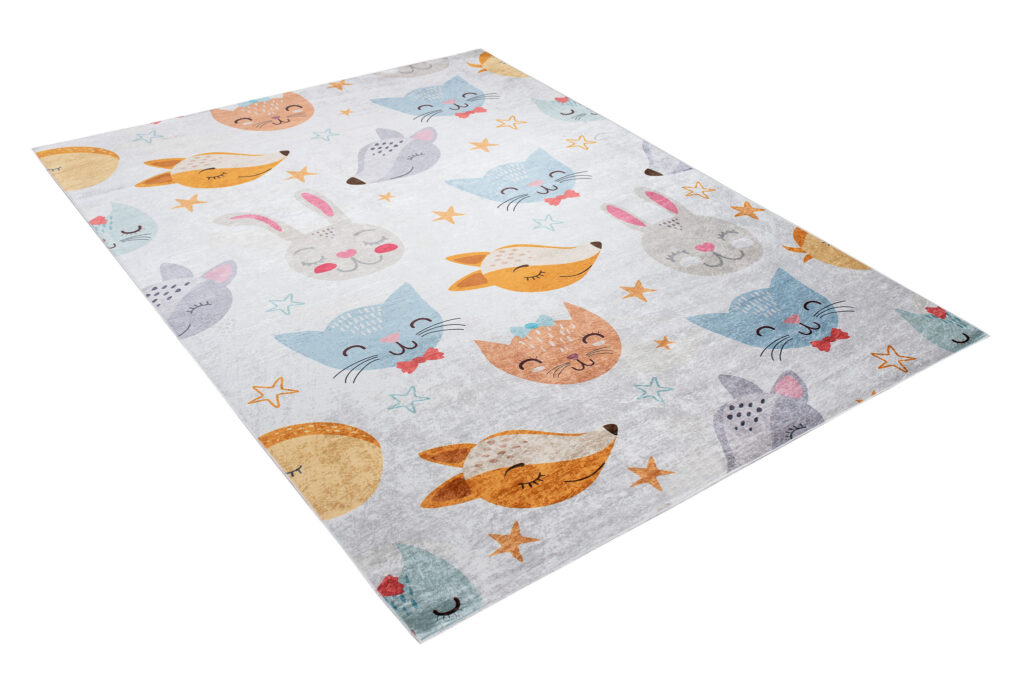 Tapis Emma Enfant Gris Animaux Colorés Antidérapant