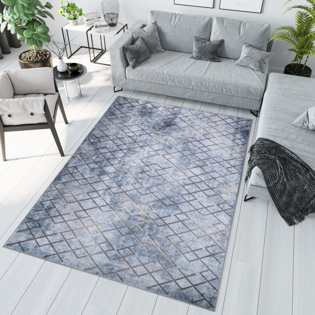 Tapis Toscana Géométrique Bleu Or Carrés