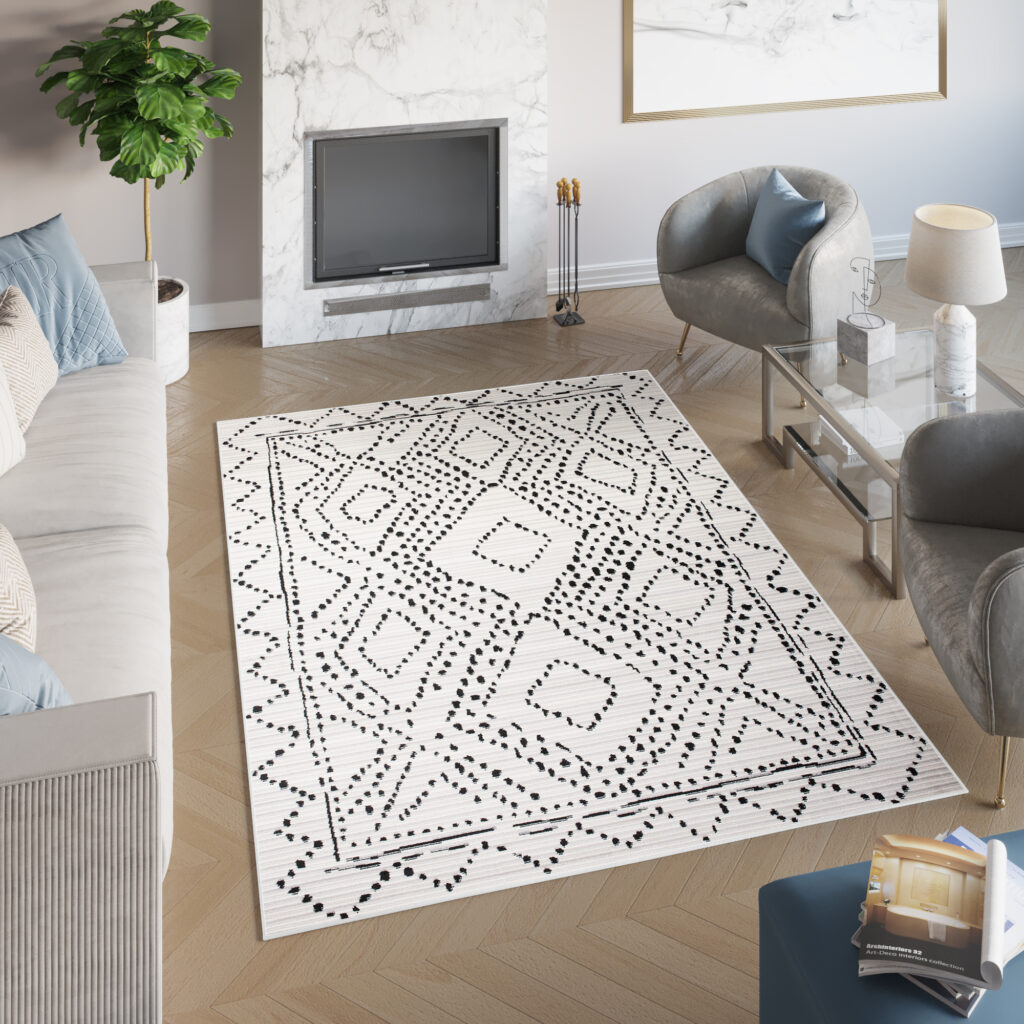 Tapis Juno Moderne Motif Ethnique Bordure Crème Noir Gris Doux