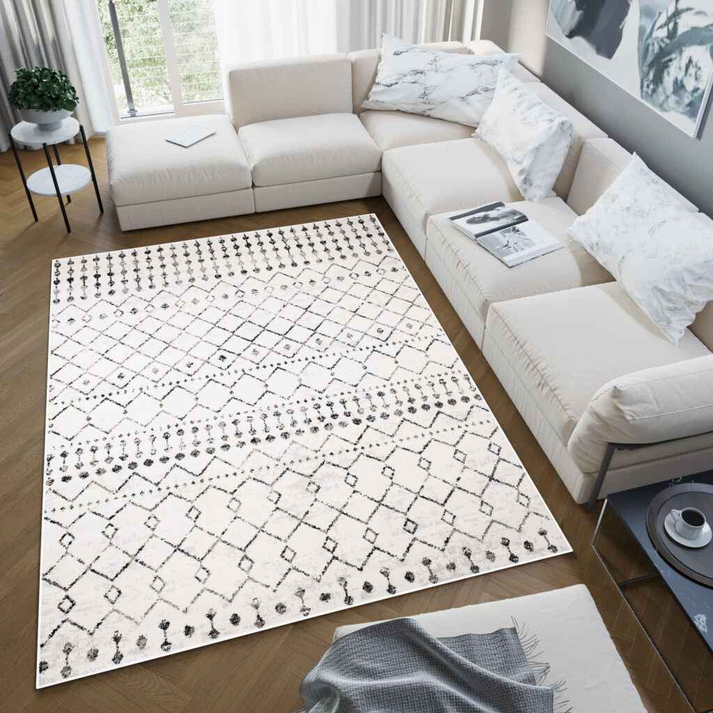 Tapis Juno Moderne Motif Ethnique Moucheté Crème Gris Noir Fin