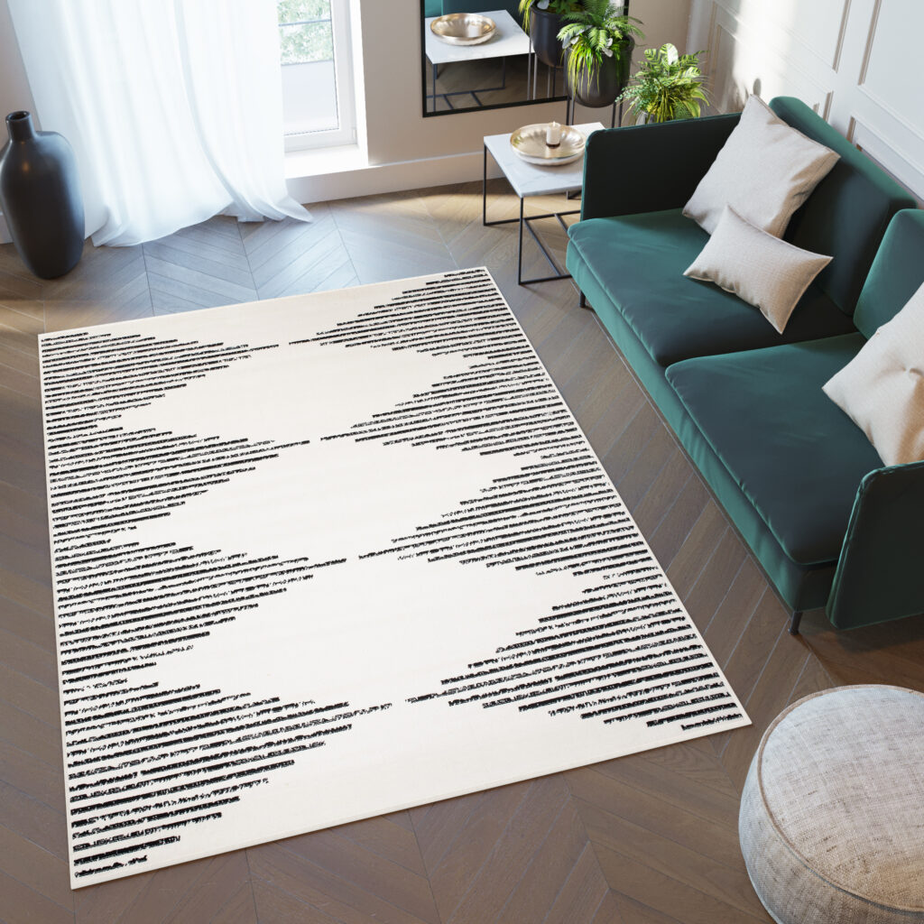 Tapis Juno Moderne Géométrique Rayé Losanges Noir Crème Fin Doux
