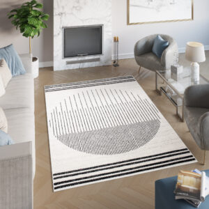 Tapis Juno Moderne Géométrique Rayures Cercle Noir Gris Crème Fin