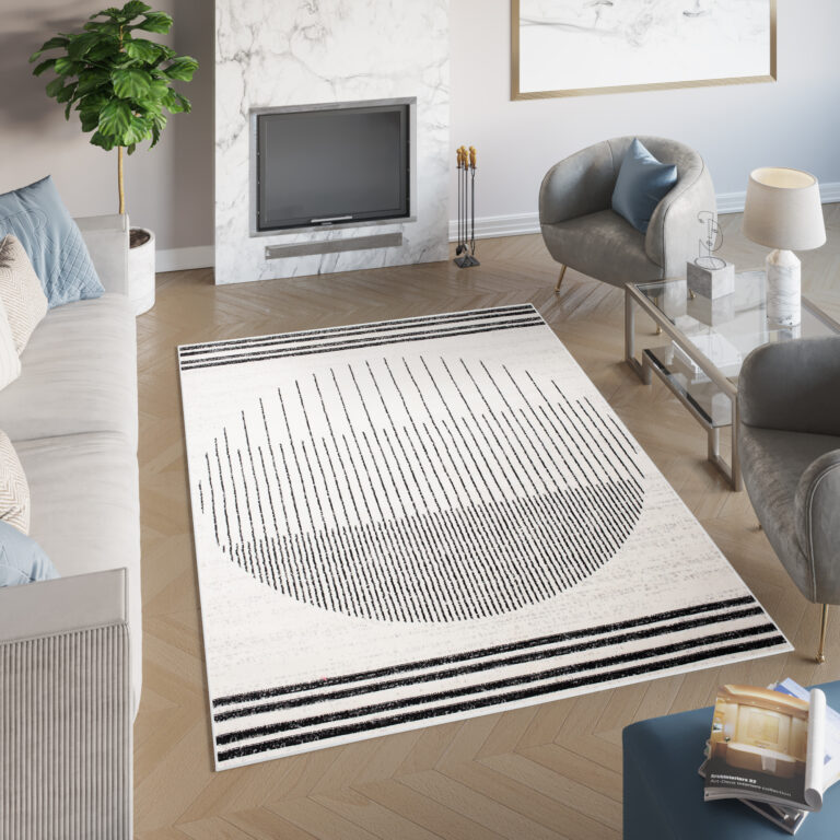 Tapis Juno Moderne Géométrique Rayures Cercle Noir Gris Crème Fin