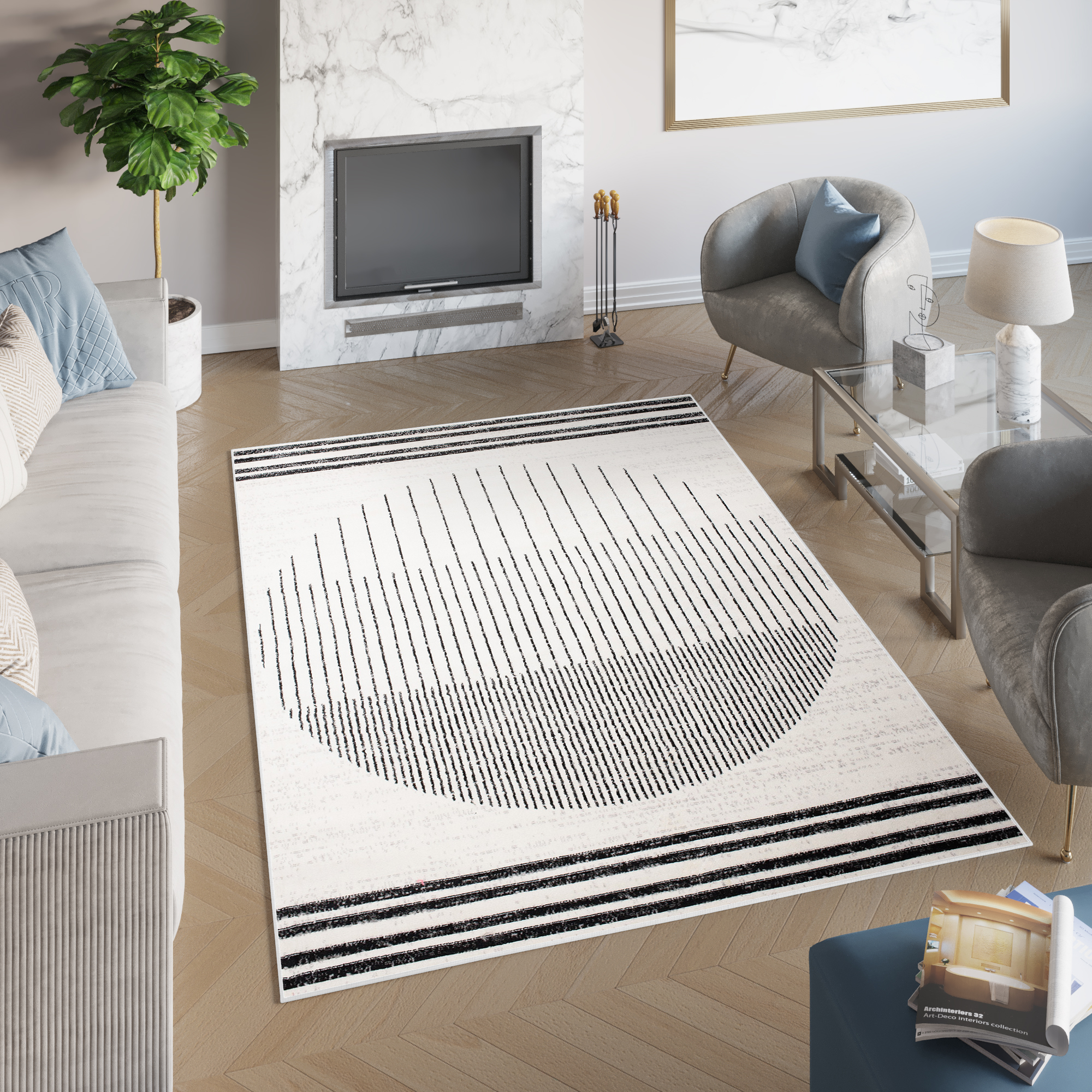 Tapis Juno Moderne Géométrique Rayures Cercle Noir Gris Crème Fin
