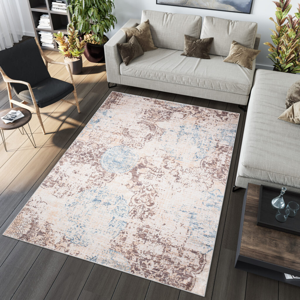 Tapis Toscana Vintage Bleu Beige Antidérapant