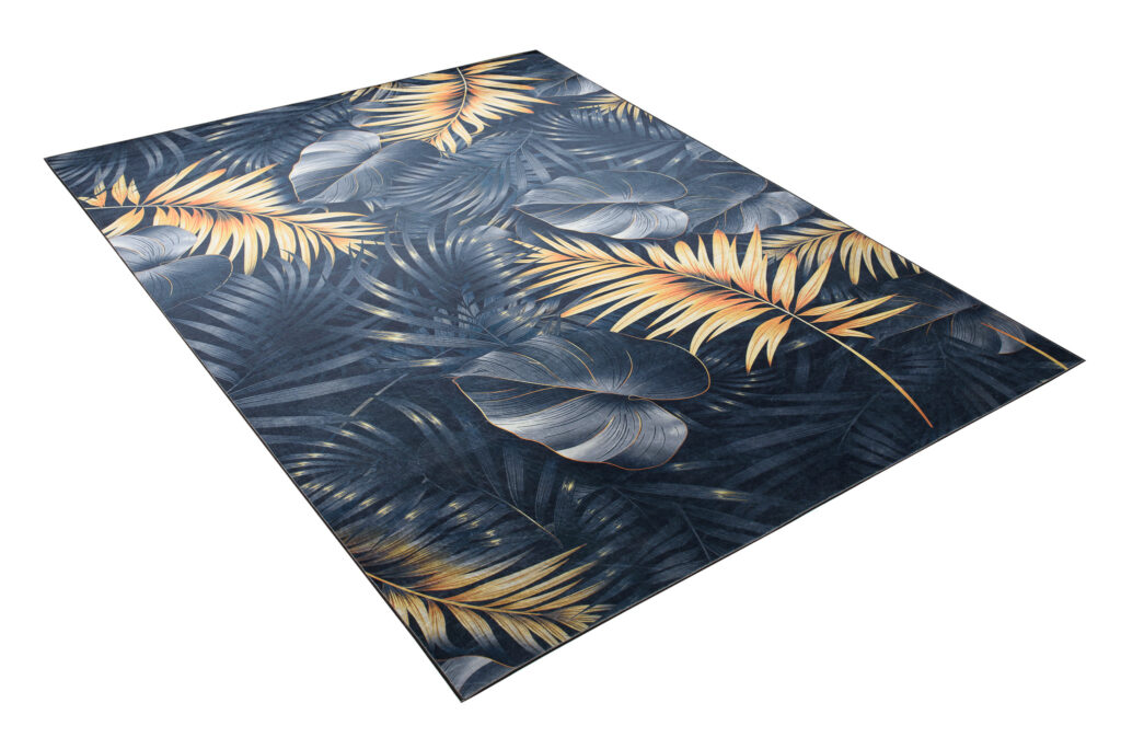 Tapis Toscana Moderne Bleu Motif Feuilles de Monstère