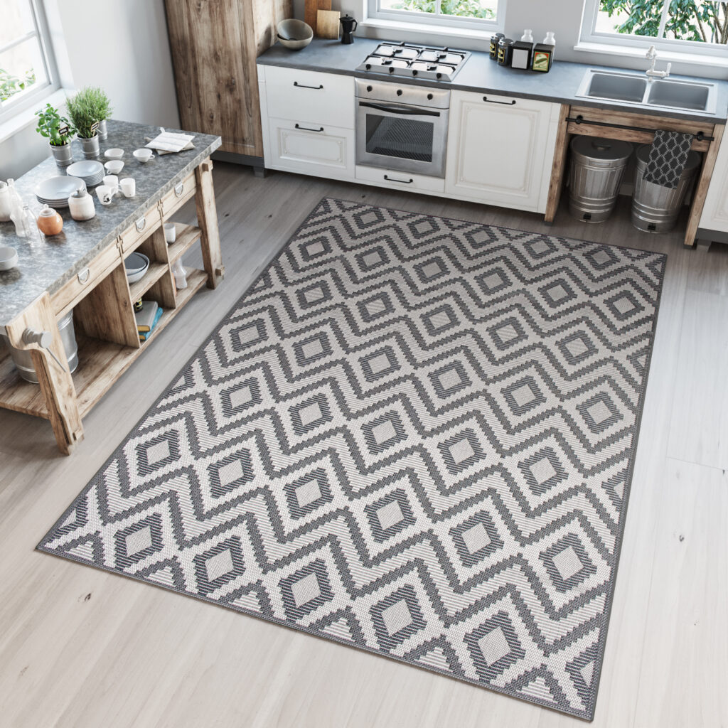 CAPRI Tapis Extérieur Intérieur Gris Bleu Noir Ethnique Sisal