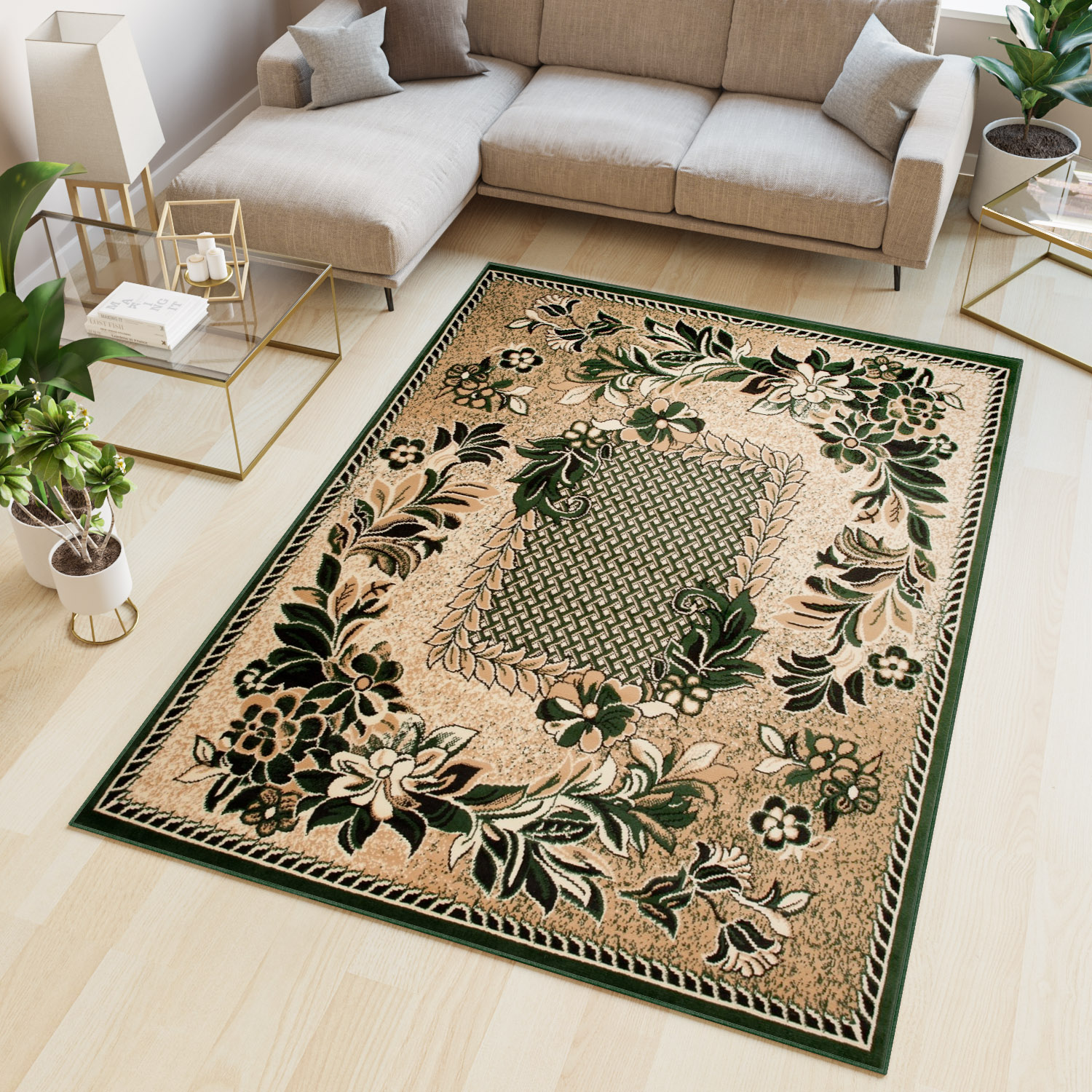 Tapis Atlas Beige Vert Moderne Floral