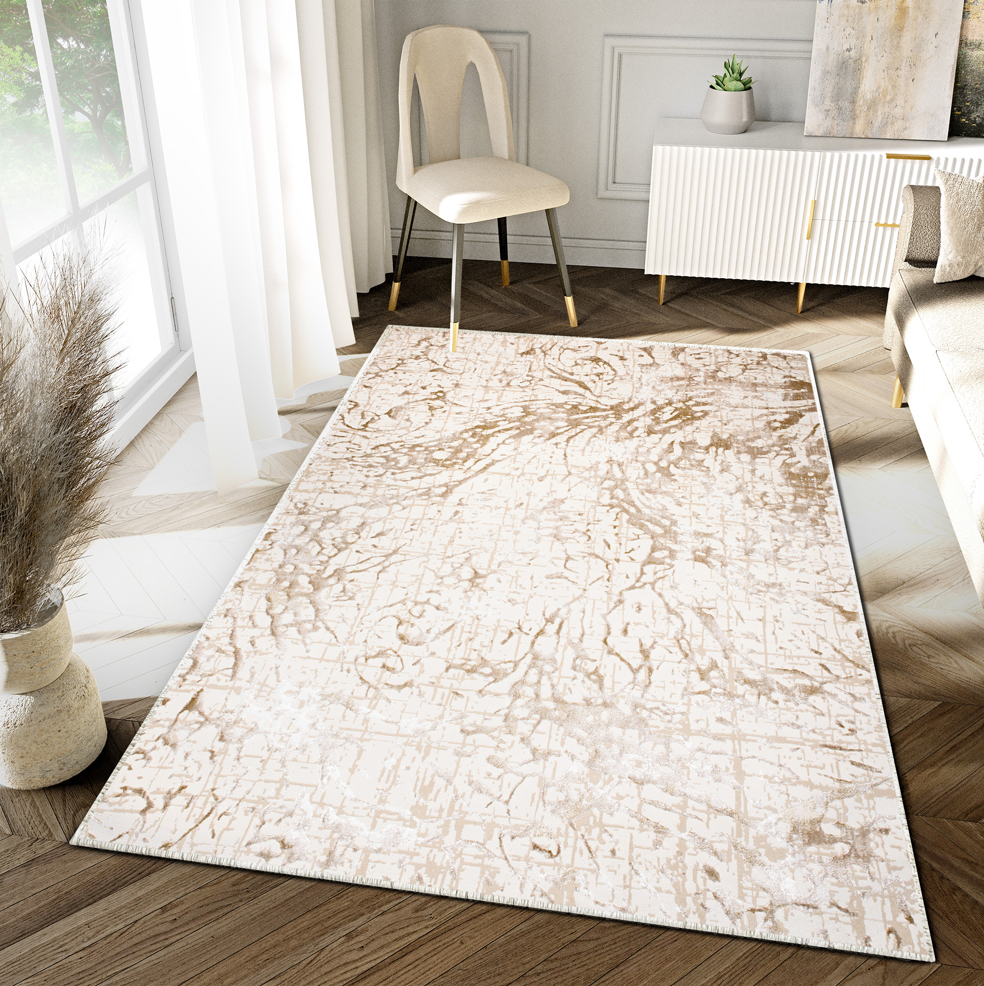 Tapis Hera Crème Beige Abstrait Vagues Effet 3D