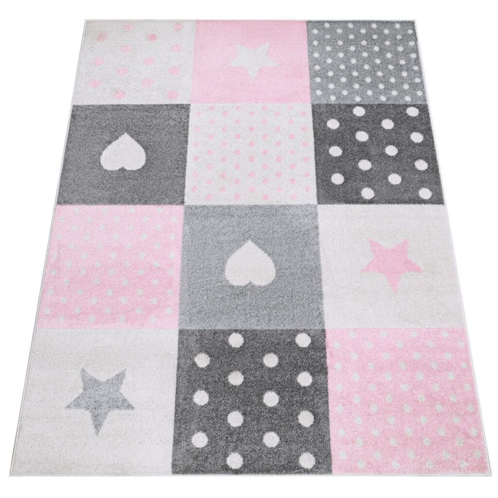 Tapis Lazur Gris Rose Carrés Enfants
