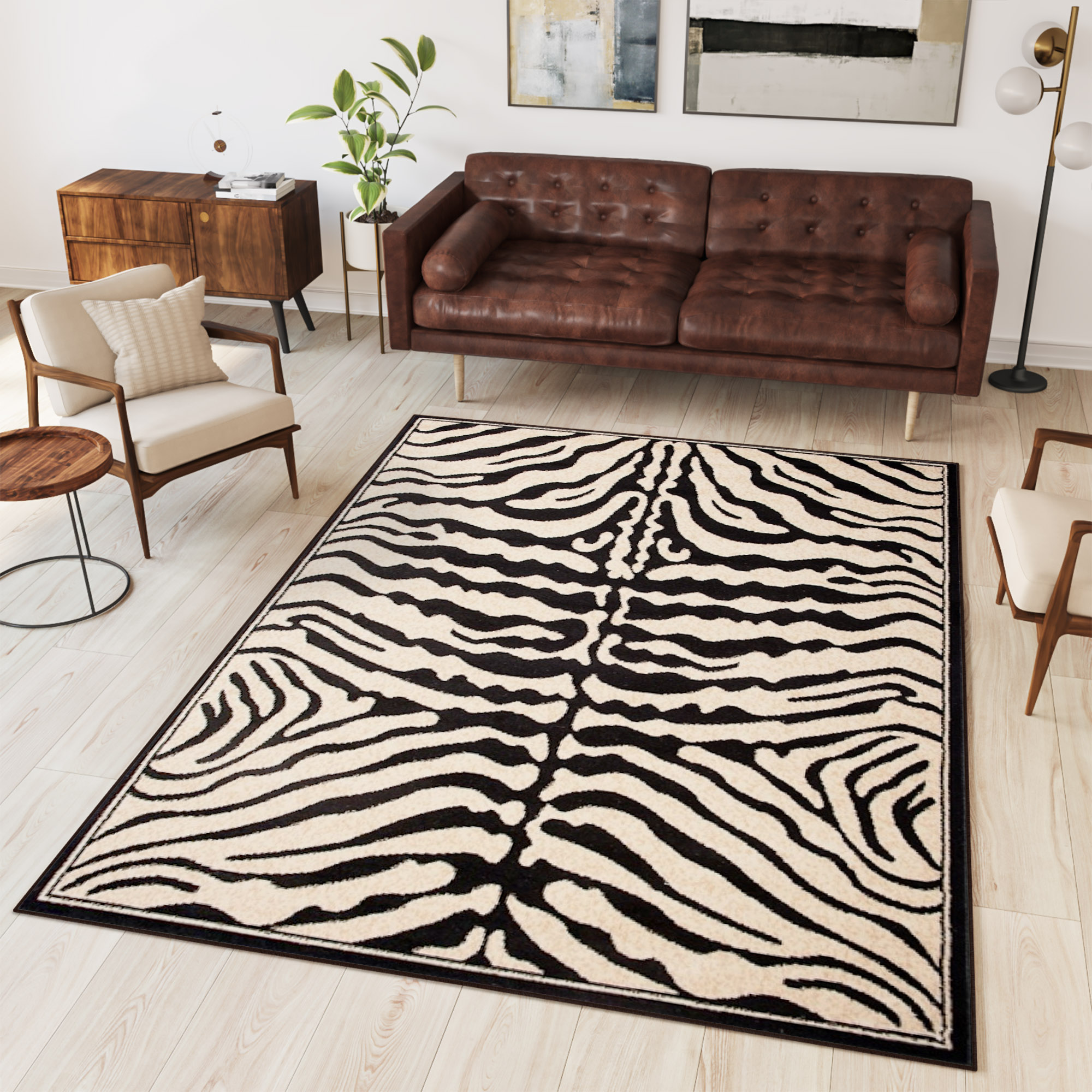 Tapis Atlas Noir Crème Motif Animalier Zèbre