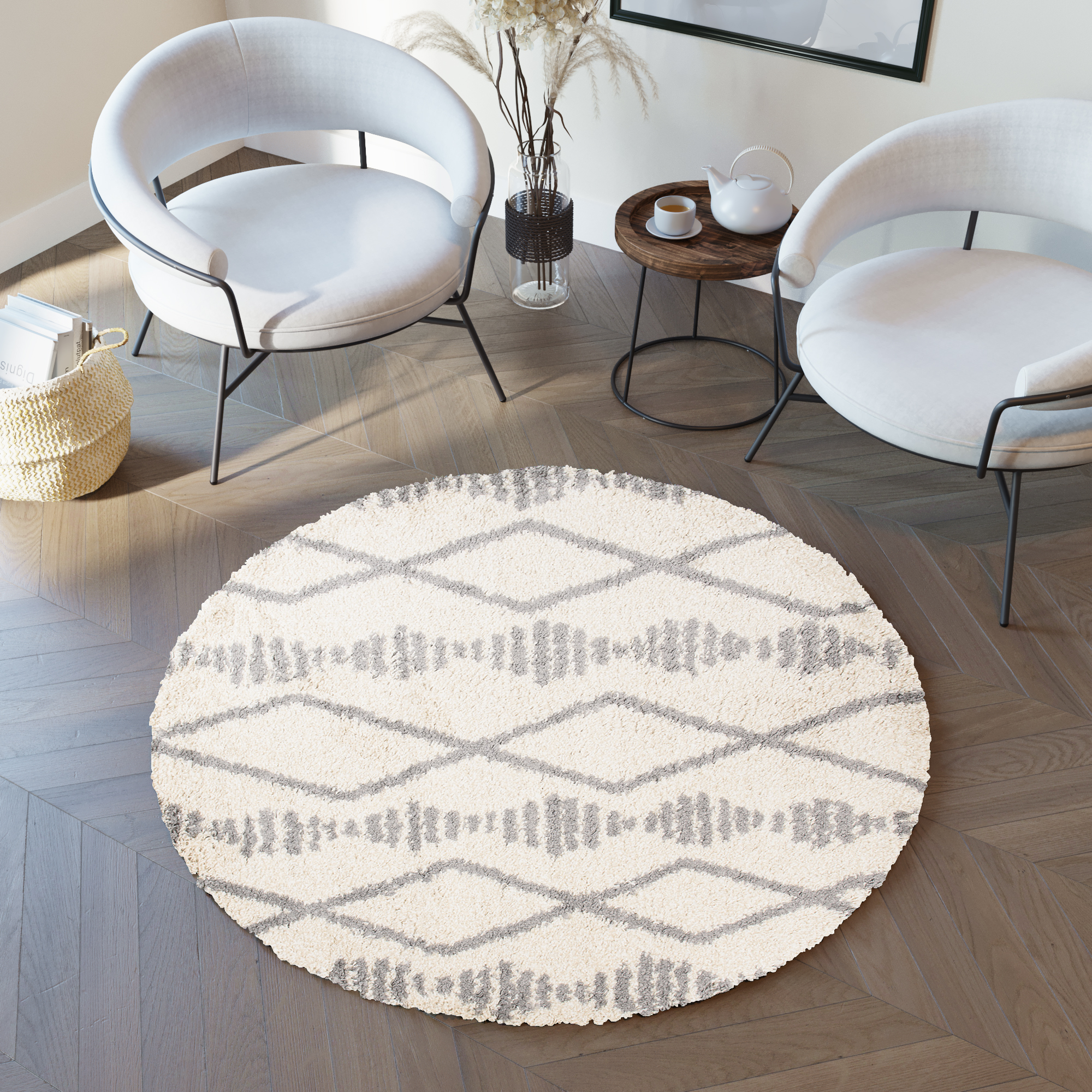 Tapis Boho Rond Crème Losanges Shaggy