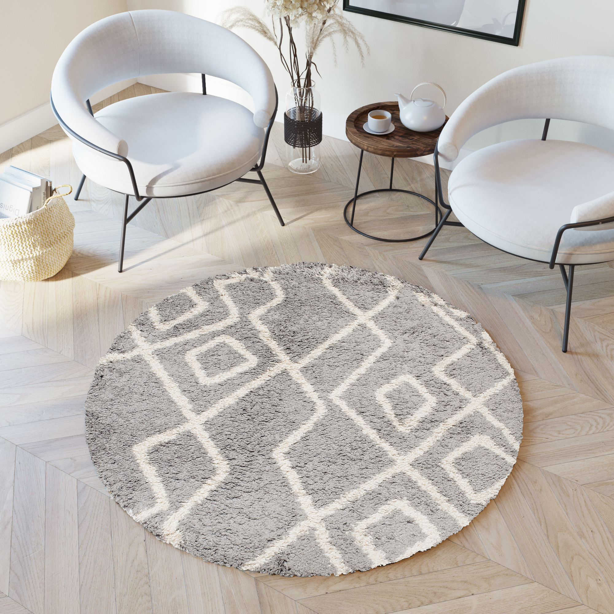 Tapis Boho Rond Gris Zigzag Shaggy