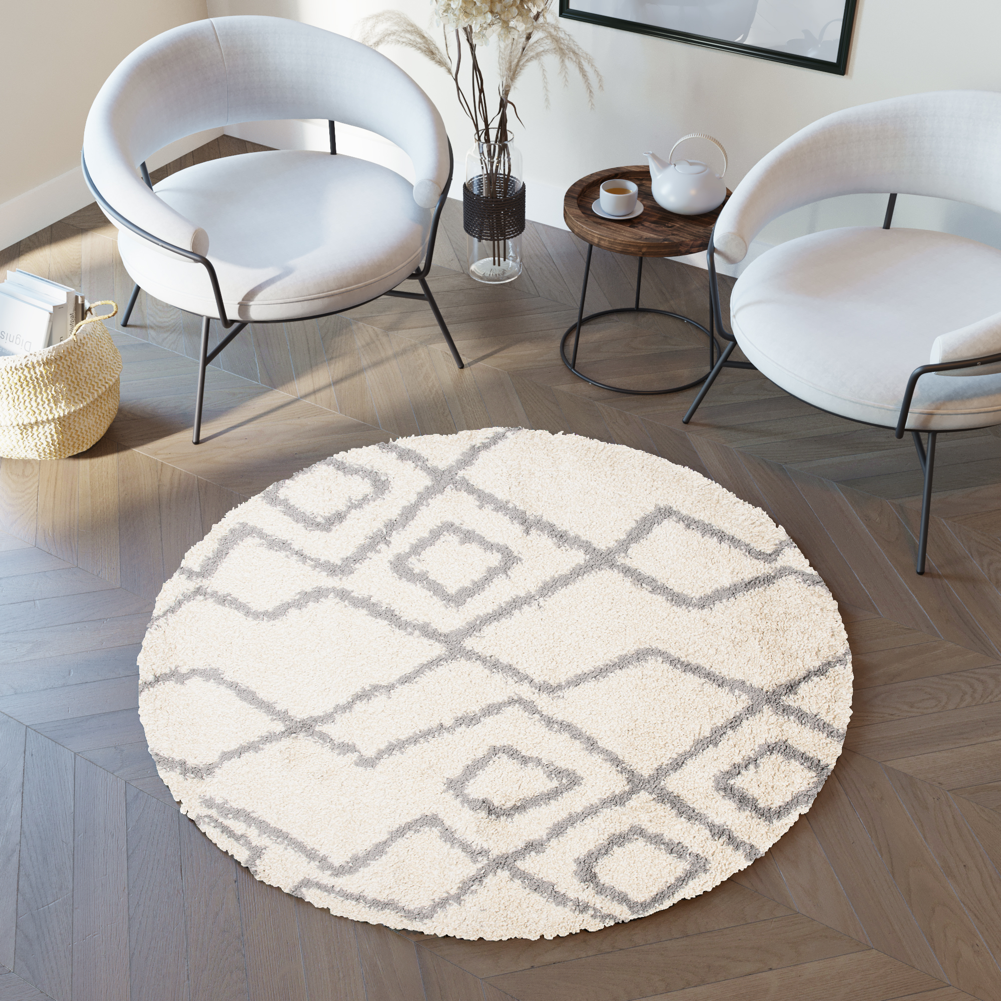 Tapis Boho Rond Crème Zigzag Shaggy