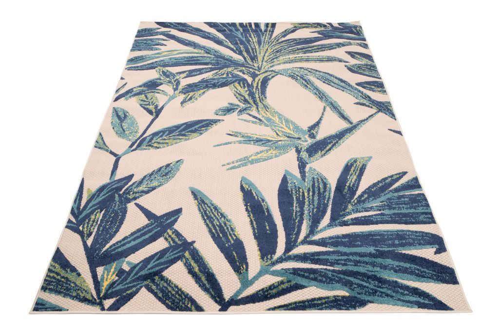 Tapis Extérieur Patio Crème Bleu Feuilles