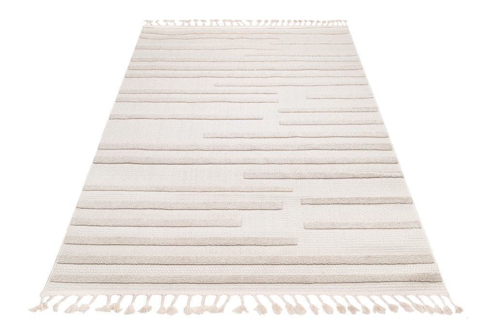 Tapis Timber Intérieur Extérieur Beige Rayé Franges