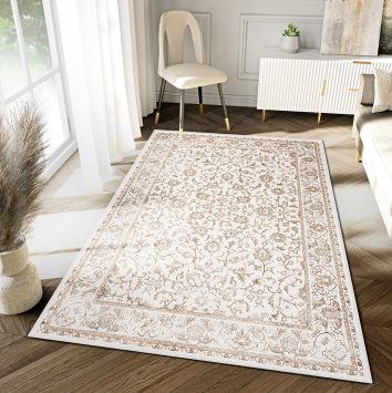 Tapis Hera Vintage Crème Beige Bordure Effet 3D