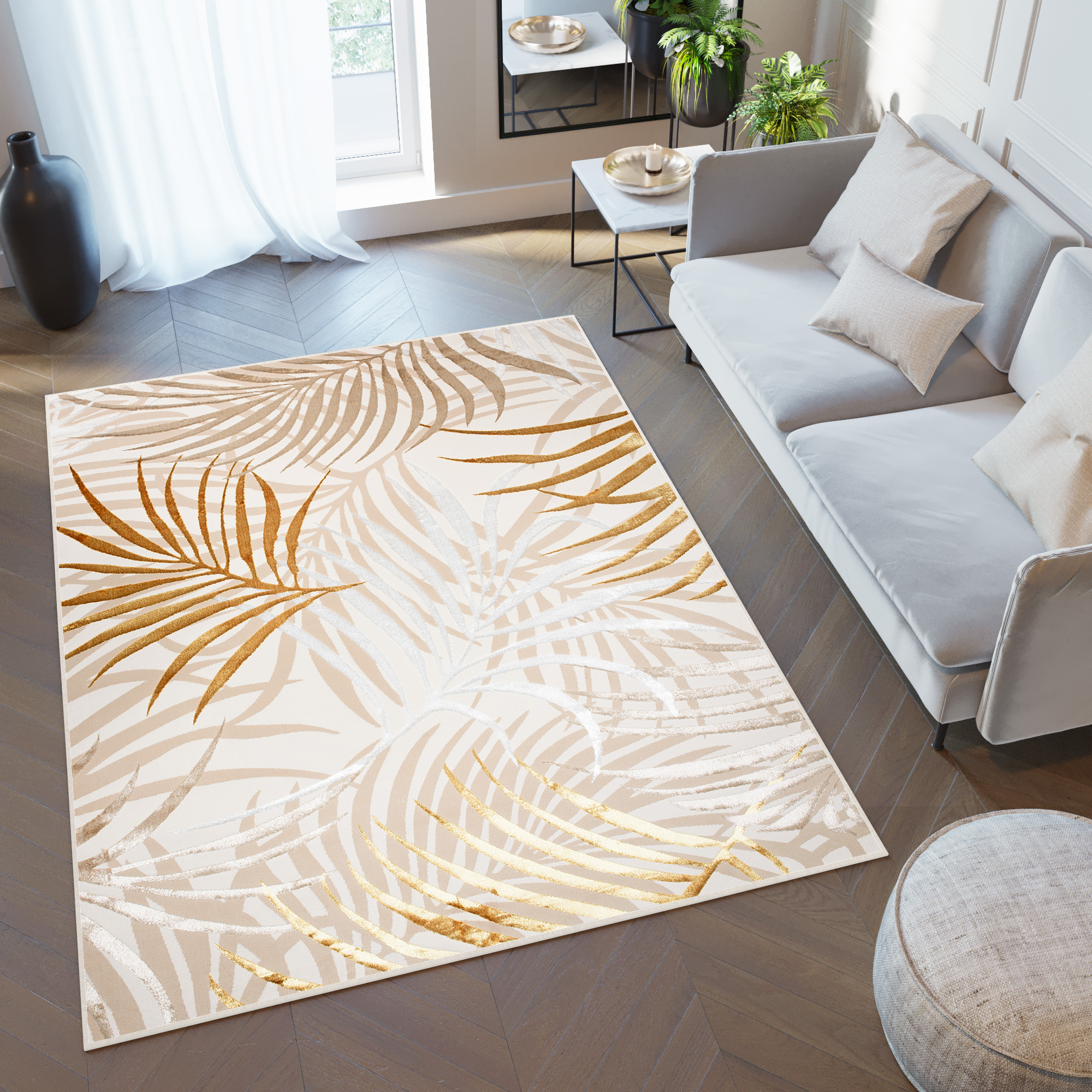 Tapis Golden Crème Or Beige Feuilles