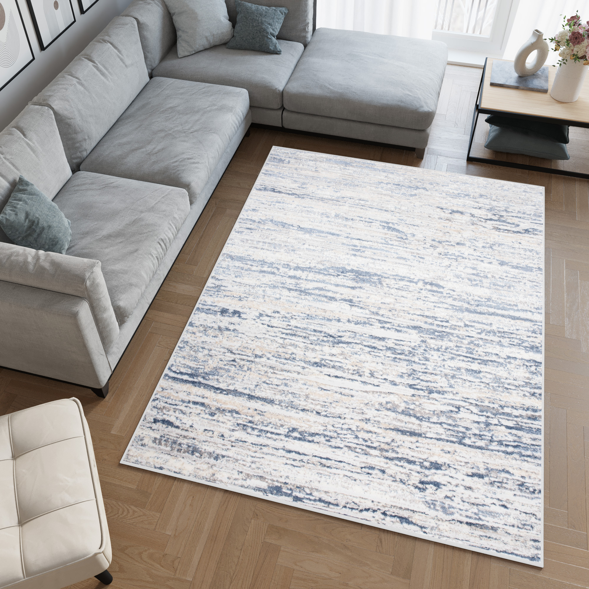 Tapis Sky Bleu Crème Moderne Rayé