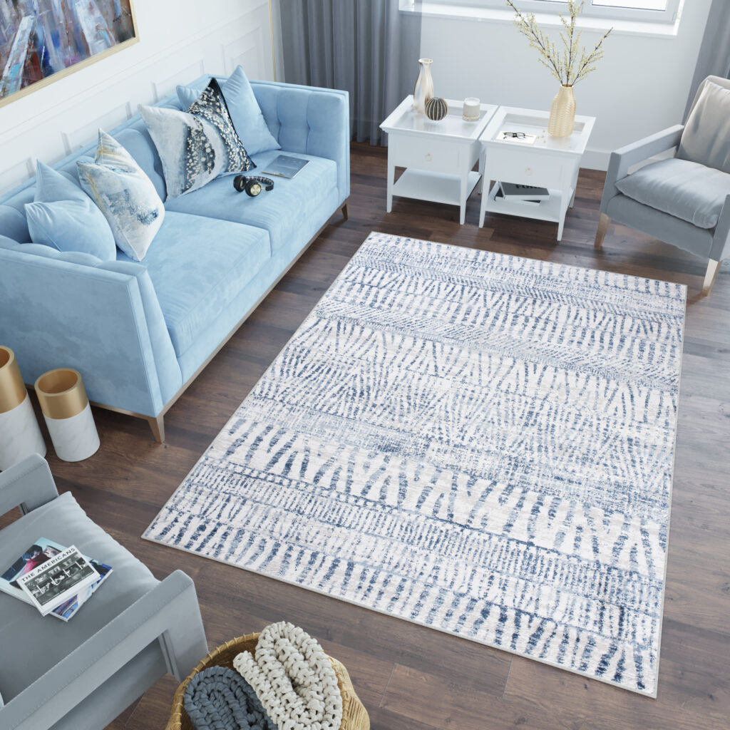 Tapis Sky Bleu Crème Ethnique Rayé