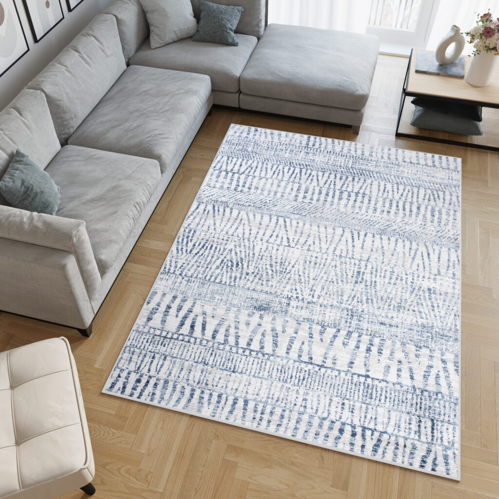 Tapis Sky Bleu Crème Ethnique Rayé