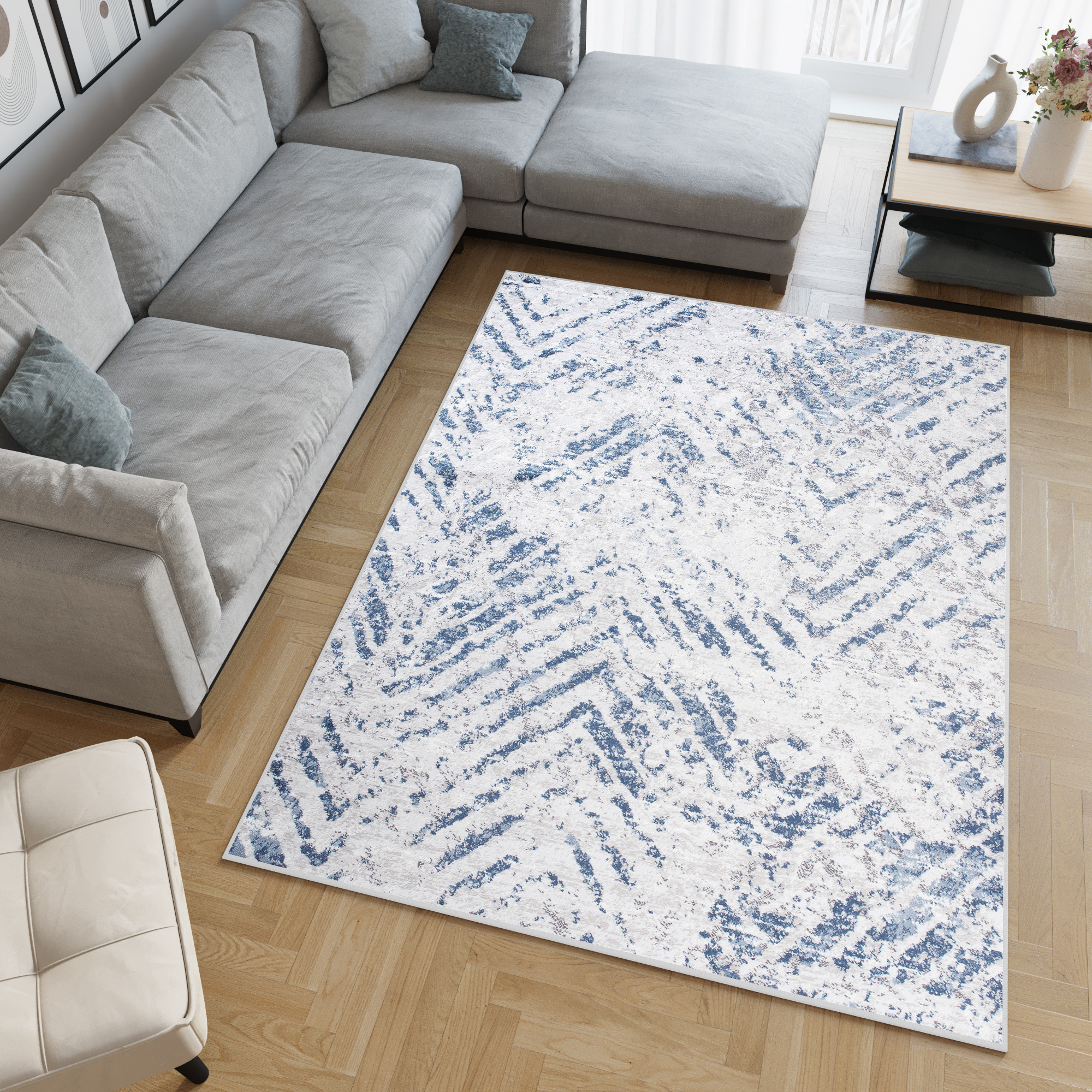 Tapis Sky Bleu Crème Moderne Zigzags