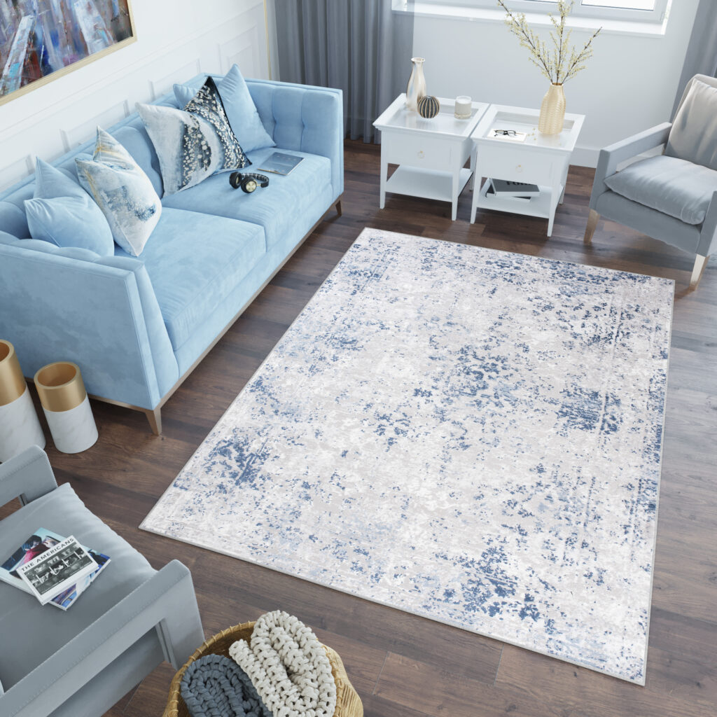 Tapis Sky Bleu Gris Bordure Ornamental